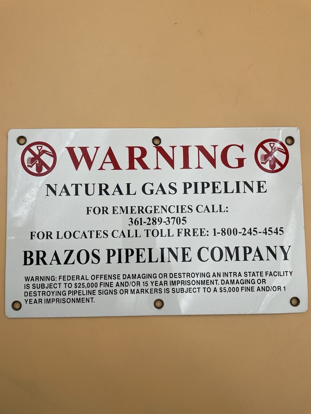 Metal Warning Natural Gas Pipeline Double Sided Sign BRAZOS Pipeline 11" x 8"